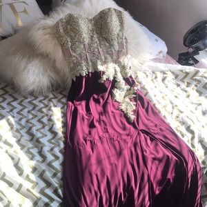 Burgundy Prom Dress with Beautiful Gold Detailing